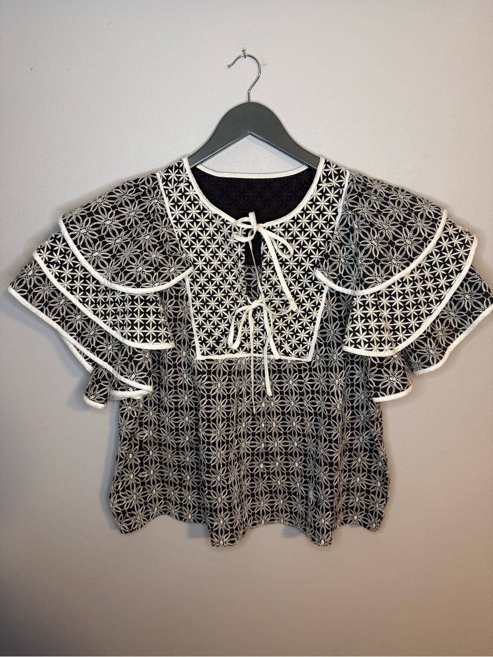 Women's Black & White Embroidered Flutter Sleeve Top